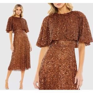 Mac Duggal 5577 Size 16 Copper Embellished Cape Sleeves Cocktail Midi Dress NWT